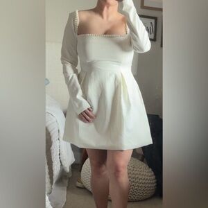 White Long Sleeve Dress with Pearl Details